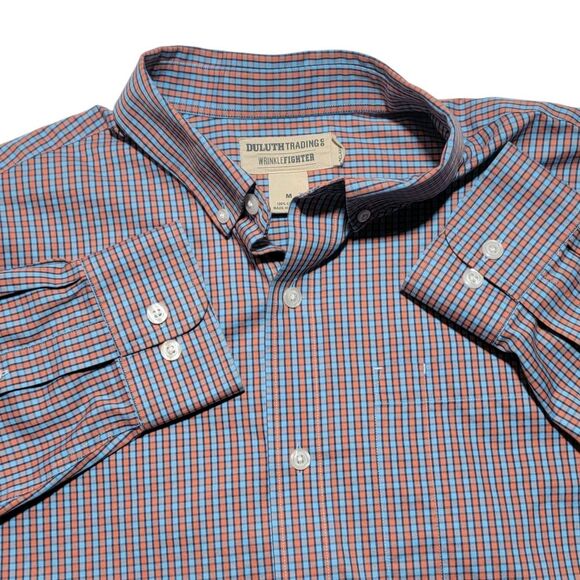 Duluth Wrinkle Fighter Men Size Medium Blue Orange Plaid Button Down Long Sleeve - Picture 1 of 6